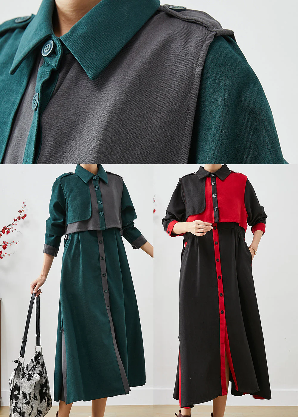 Red Patchwork Cotton Dress And Vest Two Pieces Set Tie Waist Fall - Image 5