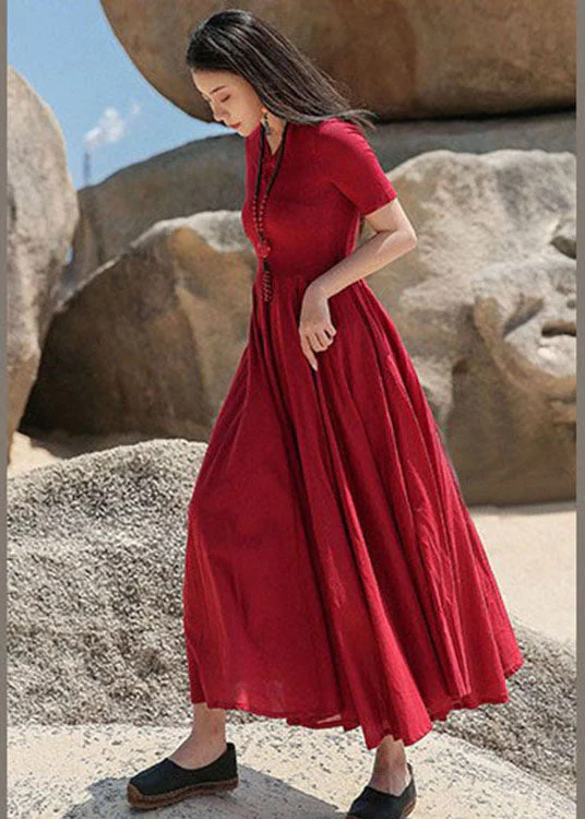 Red Patchwork Cotton Dress Cinched Short Sleeve - Image 2
