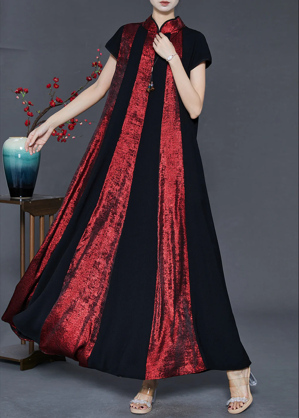 Red Patchwork Cotton Dress Mandarin Collar Exra Large Hem Summer - Image 2