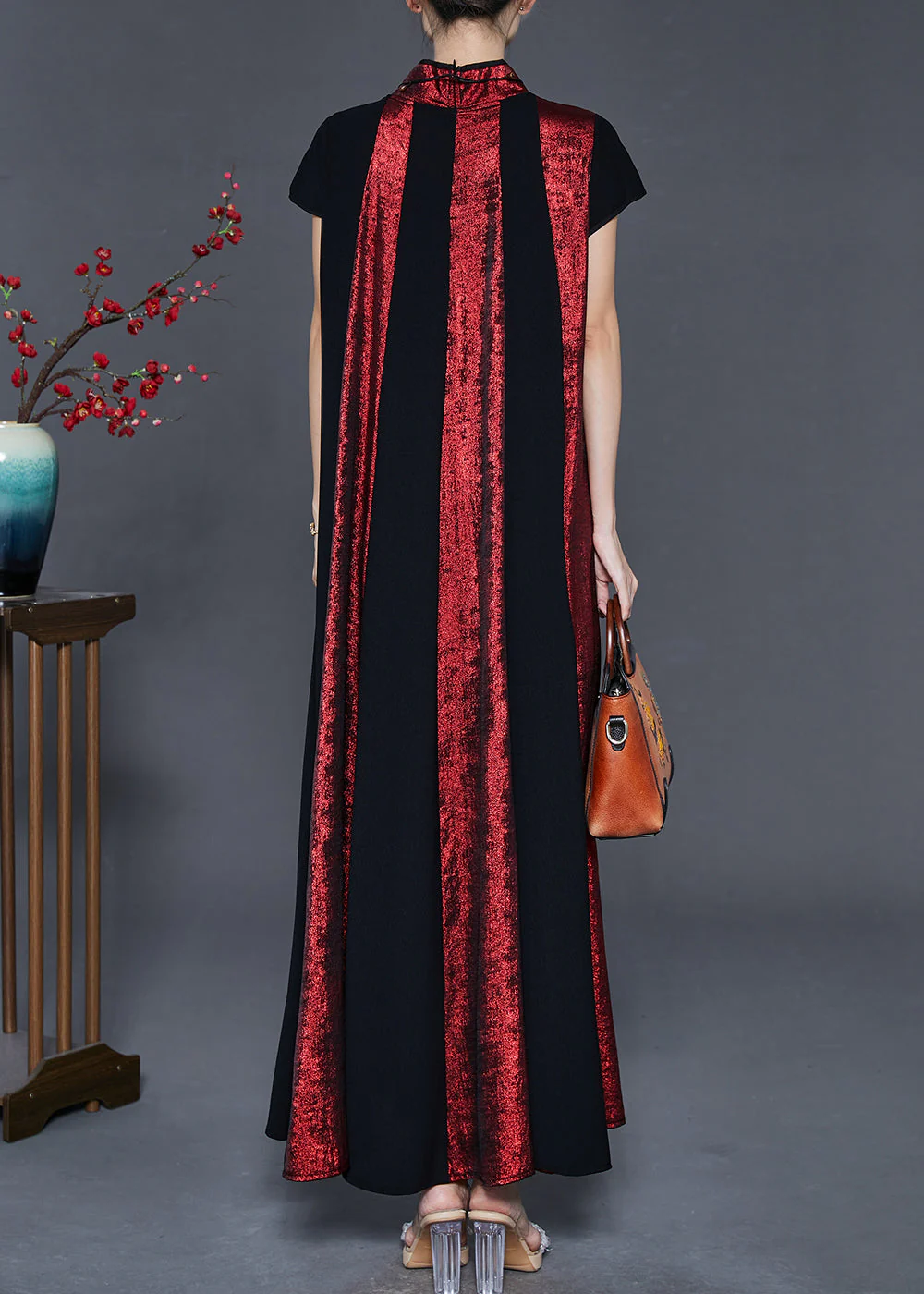 Red Patchwork Cotton Dress Mandarin Collar Exra Large Hem Summer - Image 4