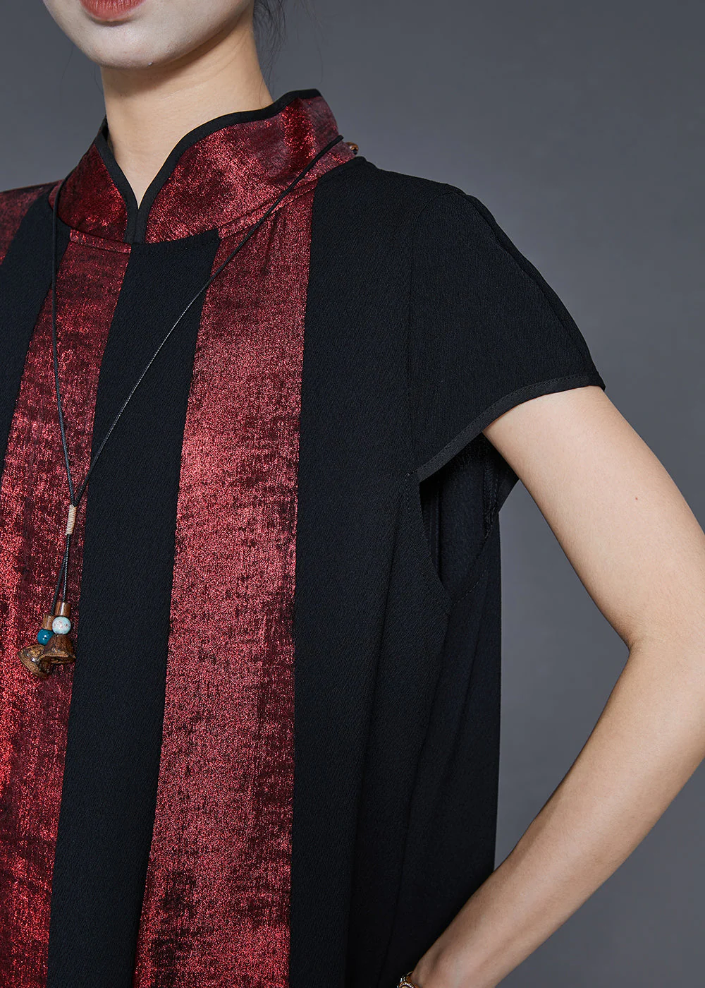 Red Patchwork Cotton Dress Mandarin Collar Exra Large Hem Summer - Image 5