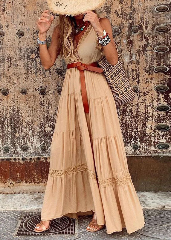 Red Patchwork Cotton Dresses V Neck Wrinkled Lace Summer - Image 2