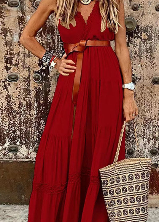 Red Patchwork Cotton Dresses V Neck Wrinkled Lace Summer - Image 3