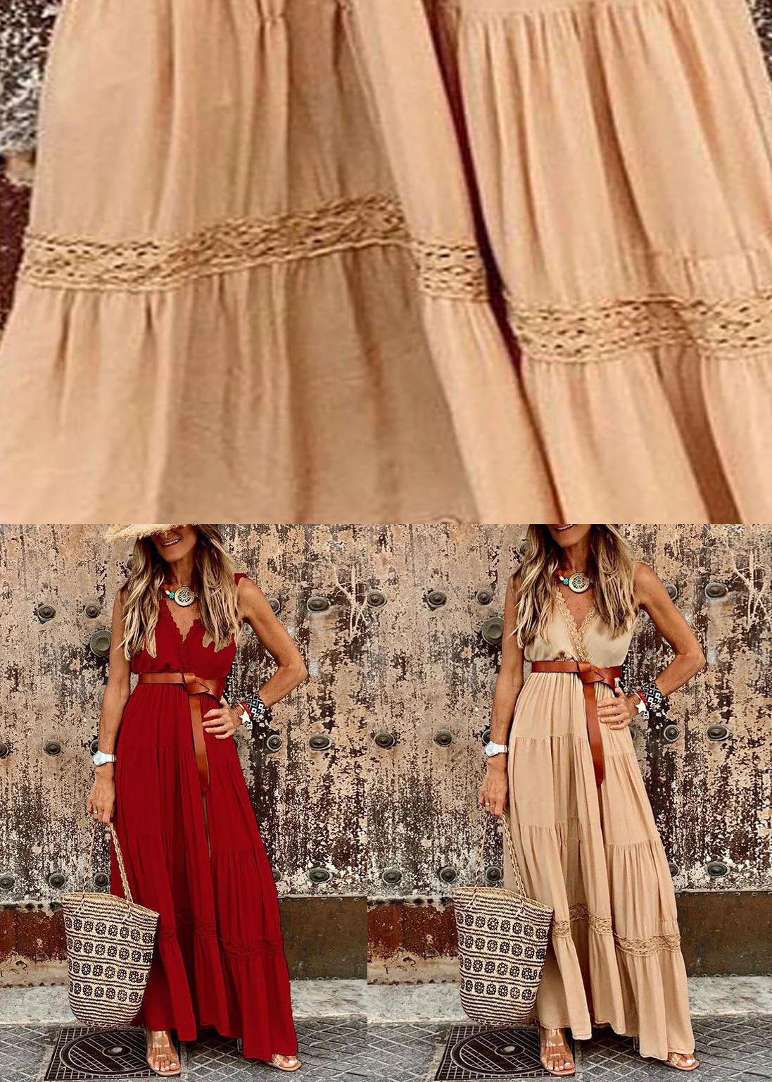 Red Patchwork Cotton Dresses V Neck Wrinkled Lace Summer - Image 4