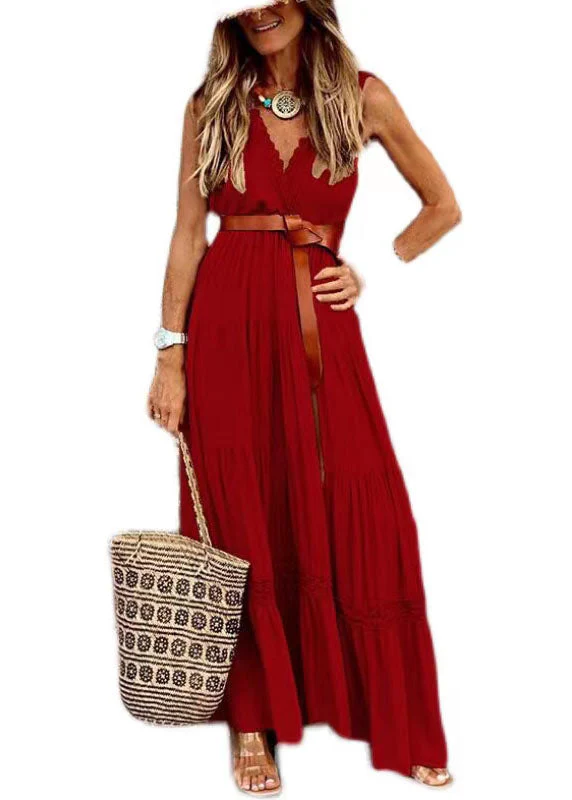 Red Patchwork Cotton Dresses V Neck Wrinkled Lace Summer - Image 5
