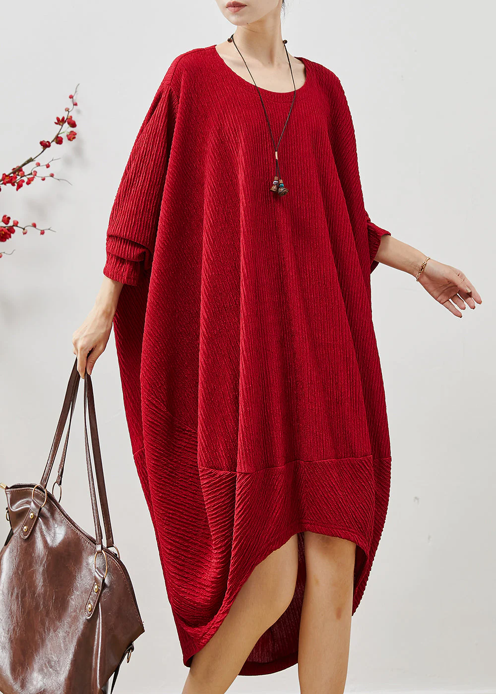 Red Patchwork Cotton Maxi Dress Oversized Wrinkled Fall - Image 2