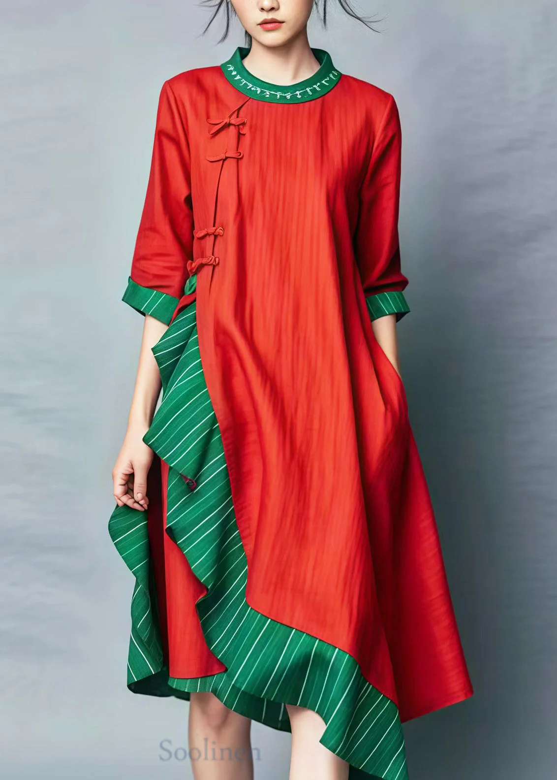 Red Patchwork Cotton Mid Dress Ruffled Chinese Button Summer - Image 2