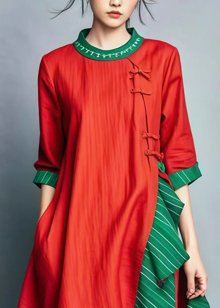 Red Patchwork Cotton Mid Dress Ruffled Chinese Button Summer - Image 3