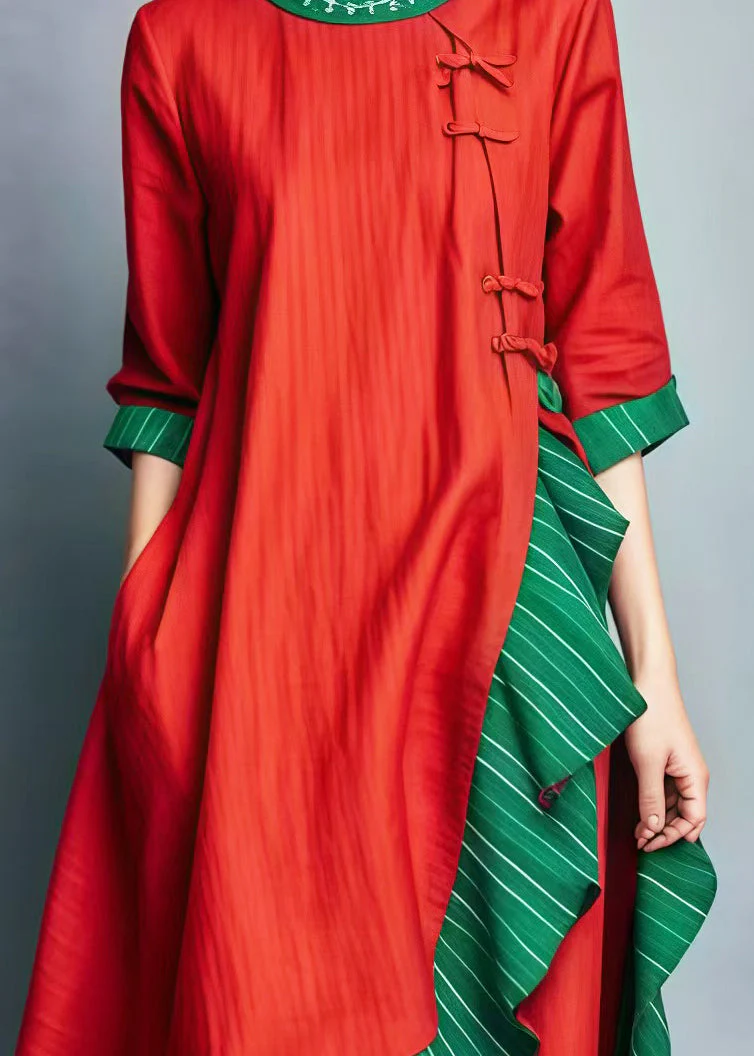 Red Patchwork Cotton Mid Dress Ruffled Chinese Button Summer - Image 4