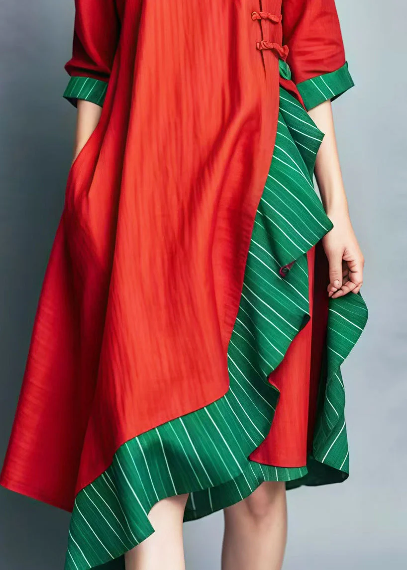 Red Patchwork Cotton Mid Dress Ruffled Chinese Button Summer - Image 5
