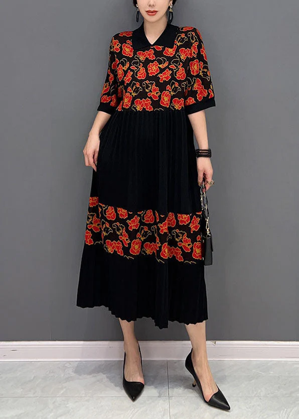 Red Patchwork Knit Pleated Dresses Turn-down Collar Print Summer - Image 2