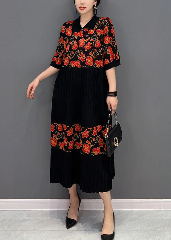 Red Patchwork Knit Pleated Dresses Turn-down Collar Print Summer - Image 3