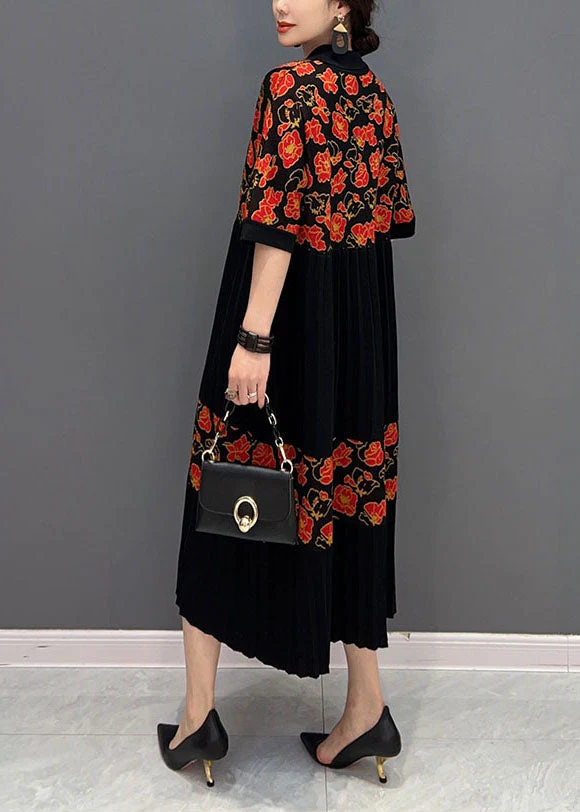 Red Patchwork Knit Pleated Dresses Turn-down Collar Print Summer - Image 4