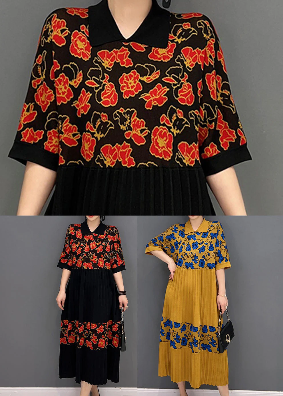 Red Patchwork Knit Pleated Dresses Turn-down Collar Print Summer - Image 5