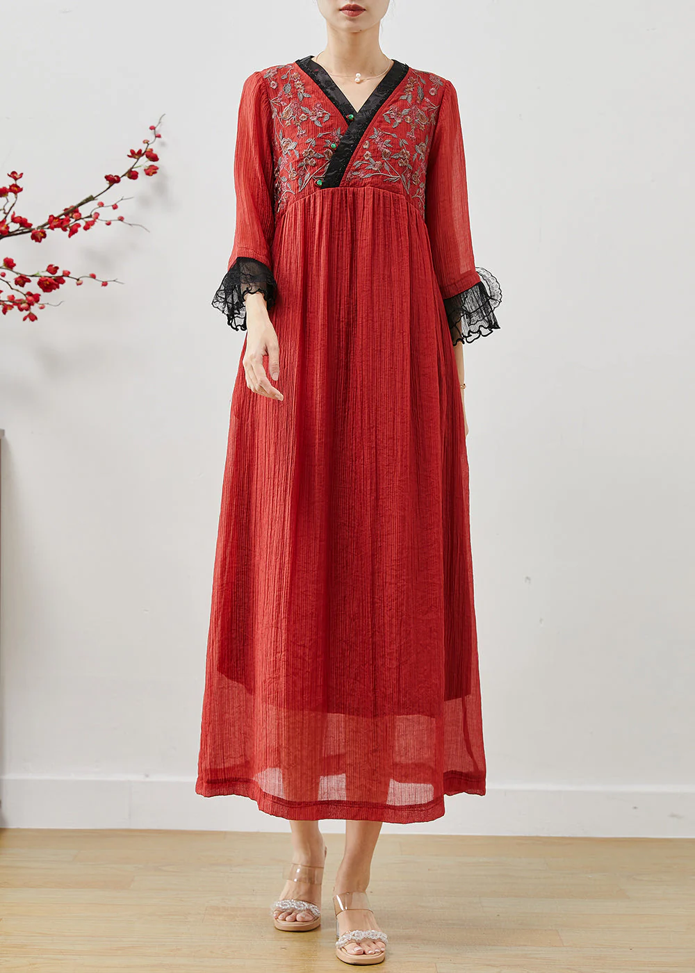 Red Patchwork Lace Cotton Ankle Dress Embroidered Fall - Image 3