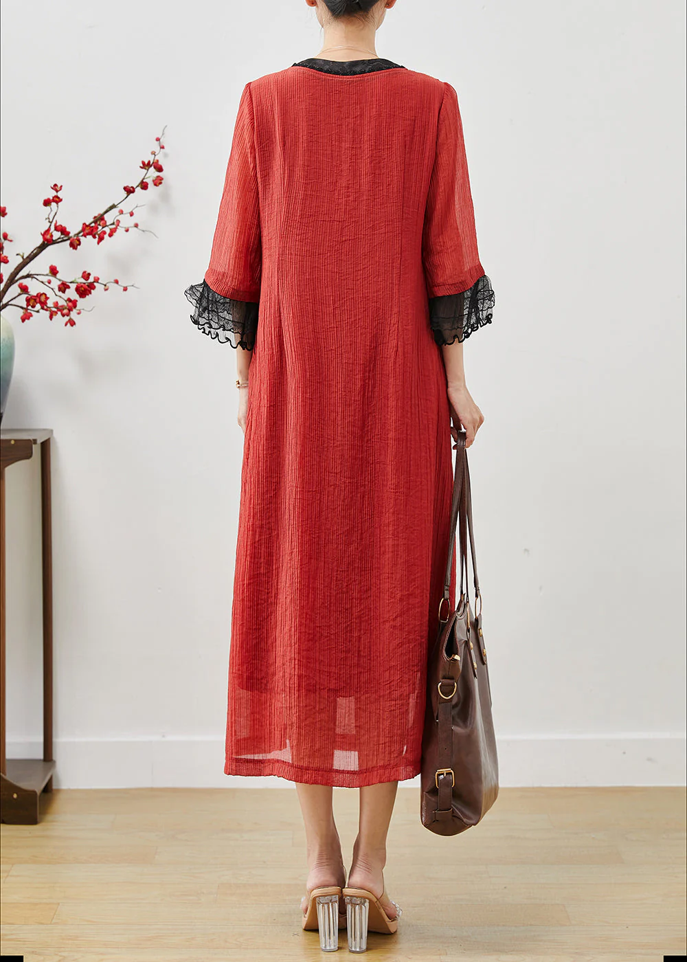 Red Patchwork Lace Cotton Ankle Dress Embroidered Fall - Image 4