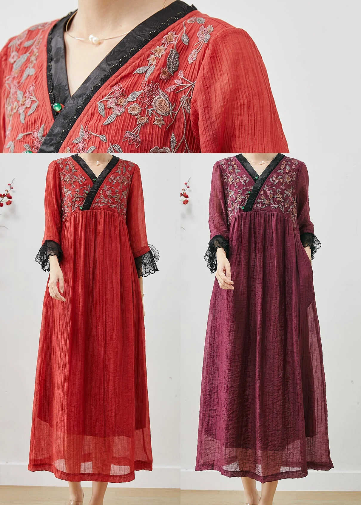 Red Patchwork Lace Cotton Ankle Dress Embroidered Fall - Image 5