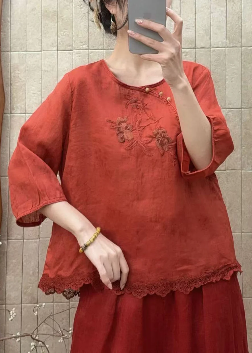 Red Patchwork Lace Shirt Tops Embroidered O-Neck Half Sleeve - Image 2