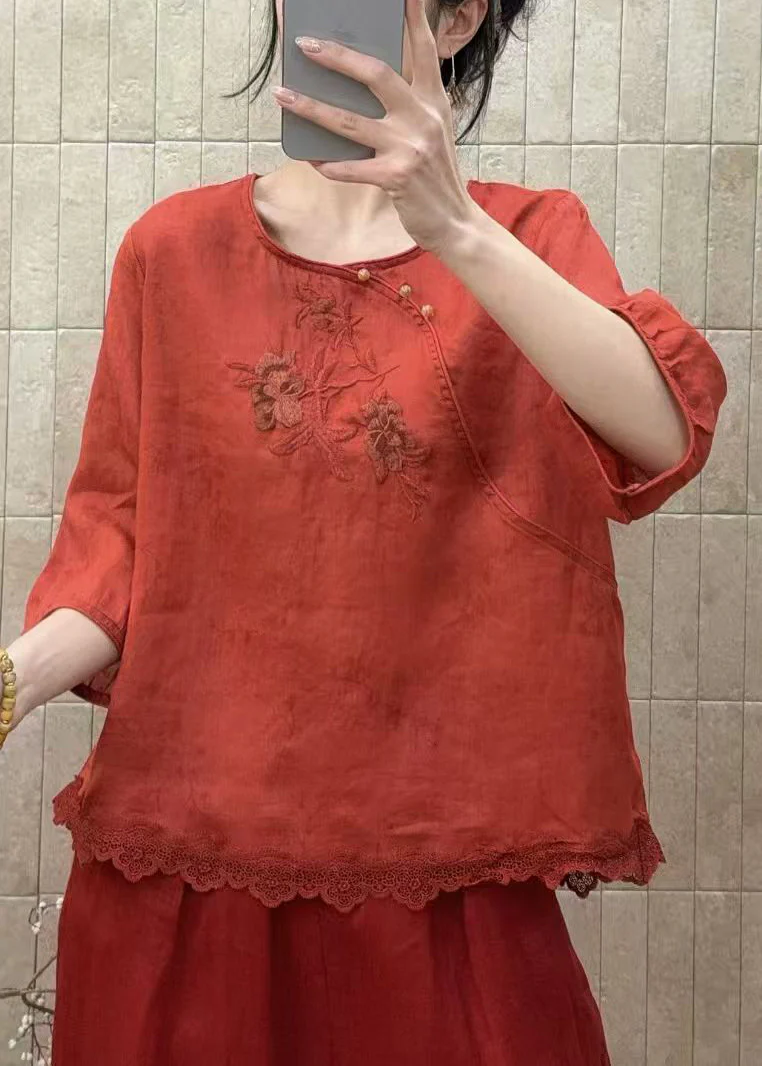 Red Patchwork Lace Shirt Tops Embroidered O-Neck Half Sleeve - Image 3