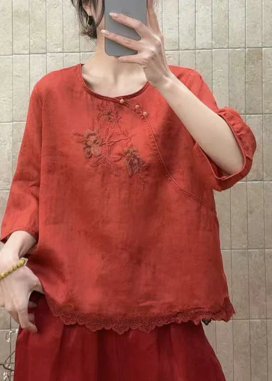 Red Patchwork Lace Shirt Tops Embroidered O-Neck Half Sleeve - Image 4