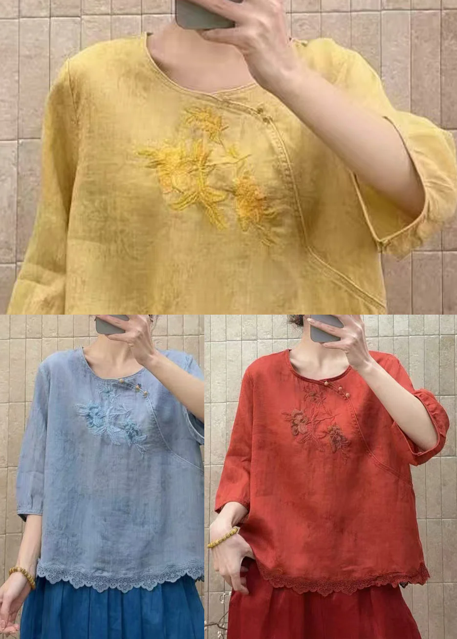 Red Patchwork Lace Shirt Tops Embroidered O-Neck Half Sleeve - Image 5
