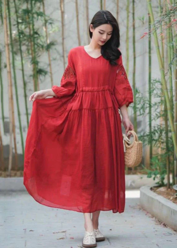 Red Patchwork Linen Dress Embroideried V Neck Wrinkled Summer - Image 2