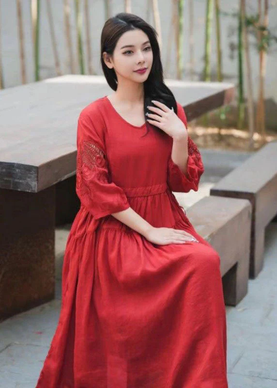 Red Patchwork Linen Dress Embroideried V Neck Wrinkled Summer - Image 3