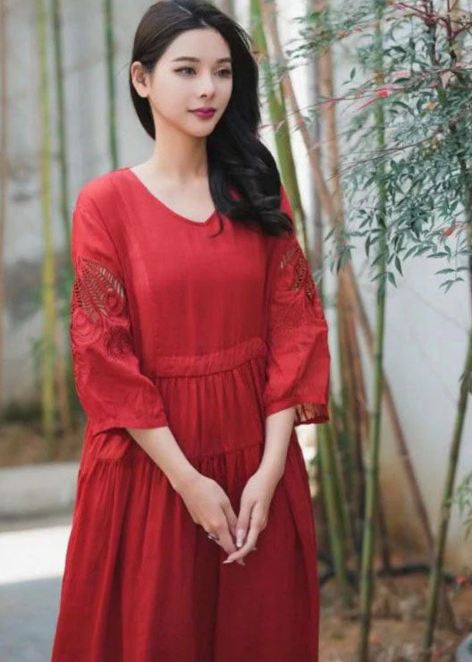 Red Patchwork Linen Dress Embroideried V Neck Wrinkled Summer - Image 4