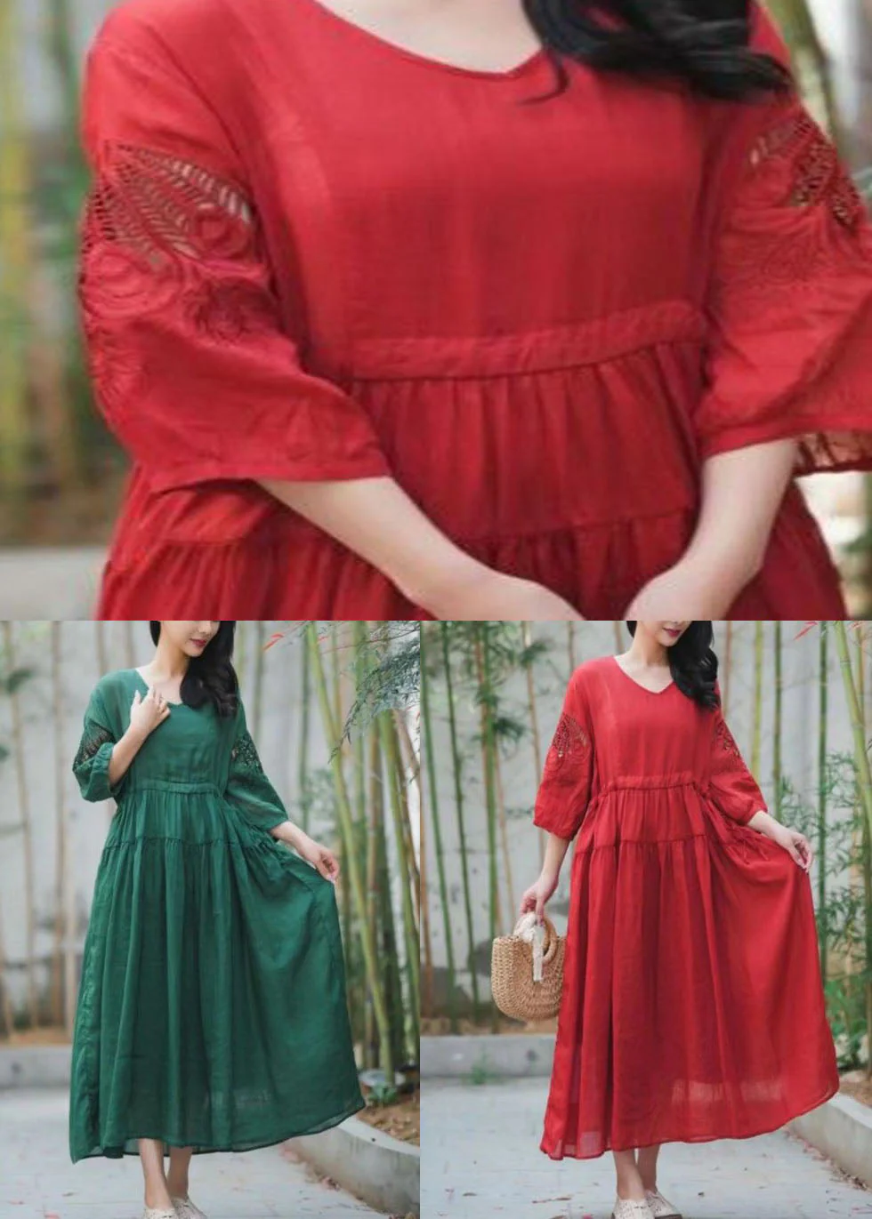 Red Patchwork Linen Dress Embroideried V Neck Wrinkled Summer - Image 5