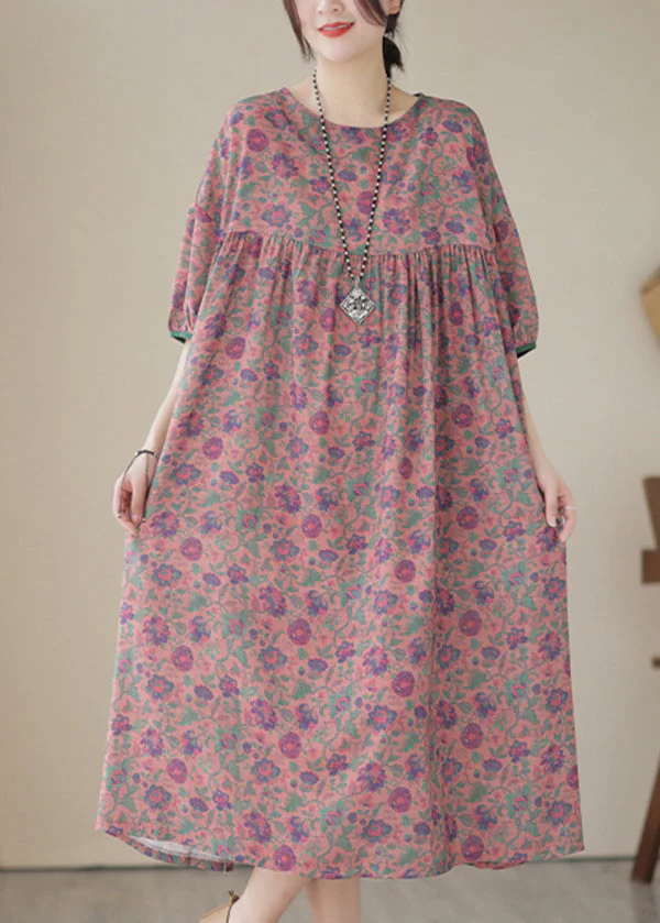 Red Patchwork Linen Maxi Dresses Oversized Print Summer - Image 3