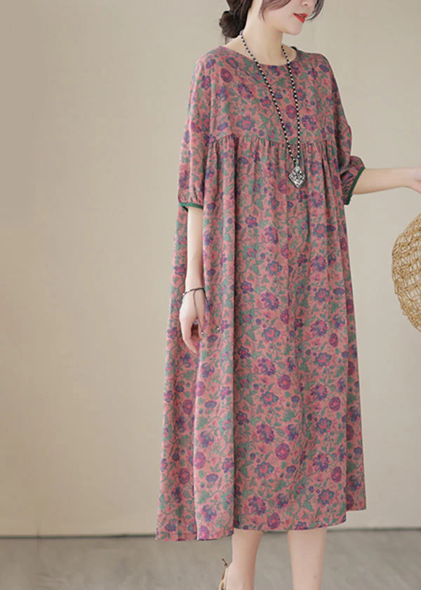 Red Patchwork Linen Maxi Dresses Oversized Print Summer - Image 4