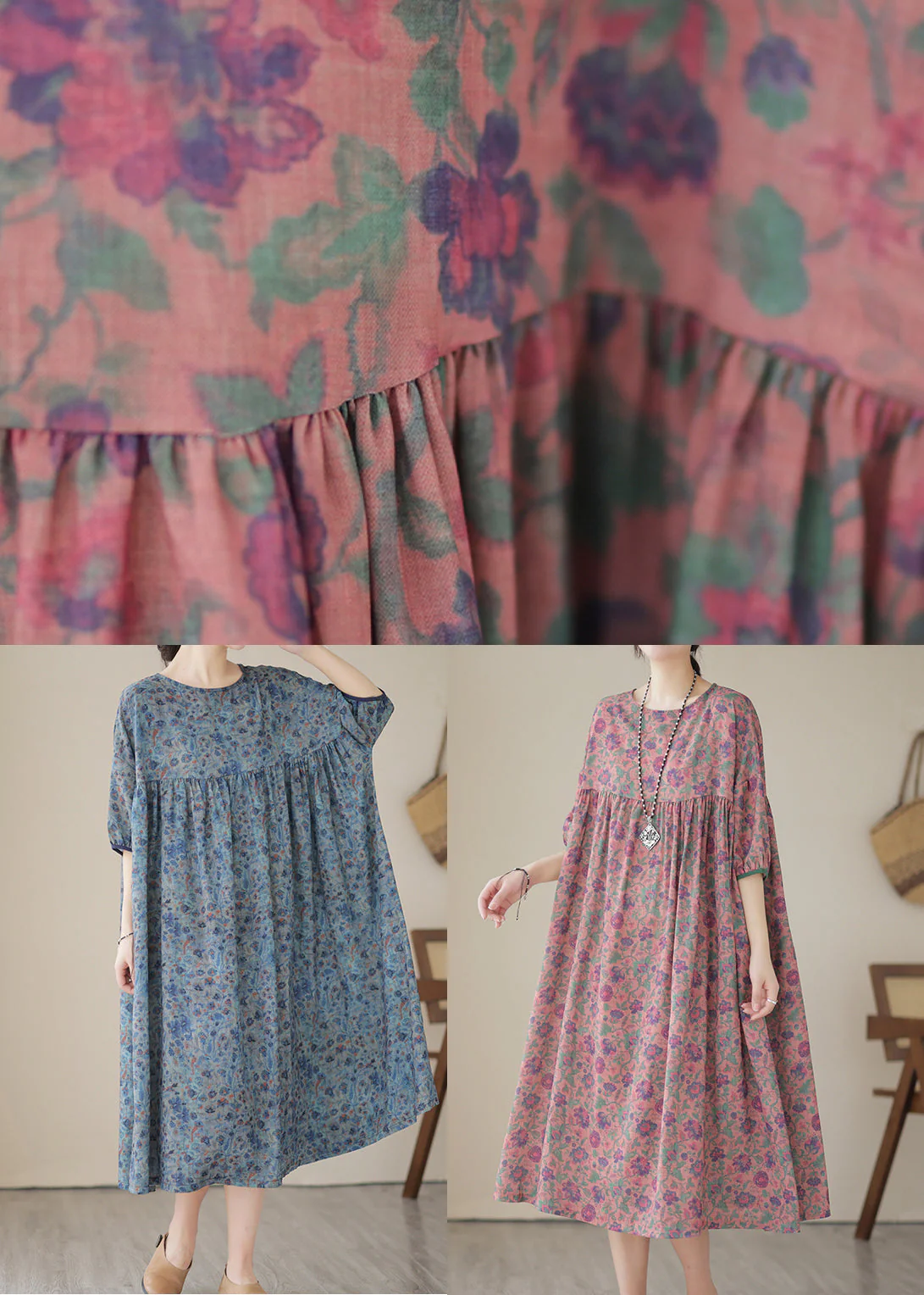 Red Patchwork Linen Maxi Dresses Oversized Print Summer - Image 5