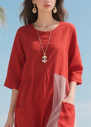 Red Patchwork Tulle Robe Dresses Asymmetrical Half Sleeve - Image 2