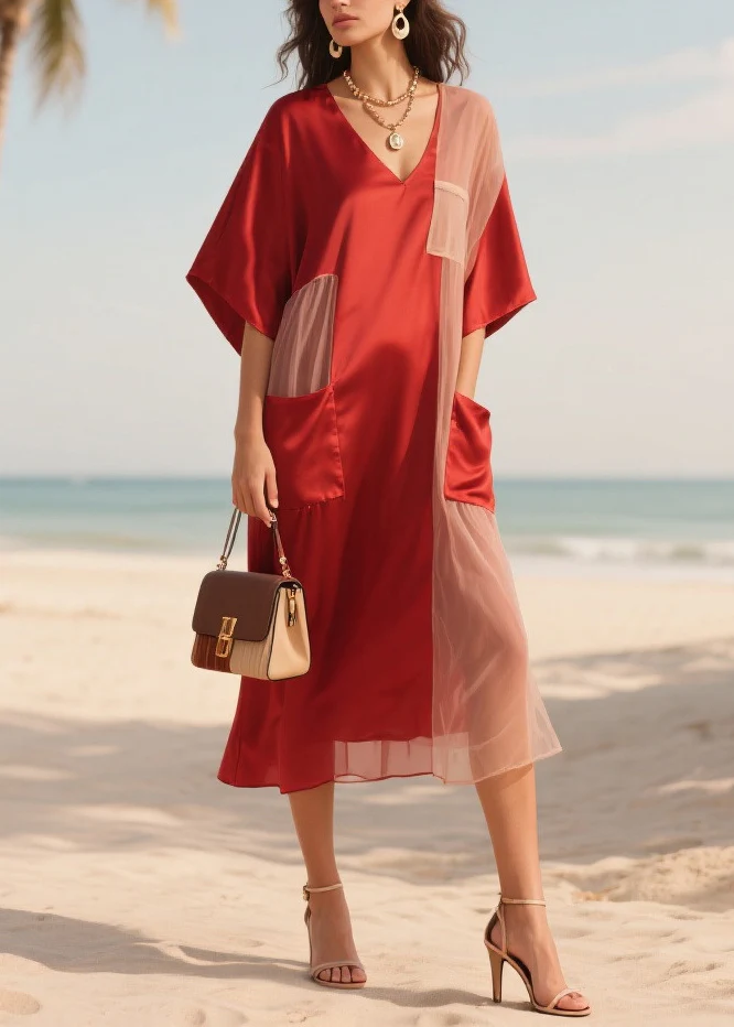 Red Patchwork Tulle Robe Dresses Asymmetrical Summer