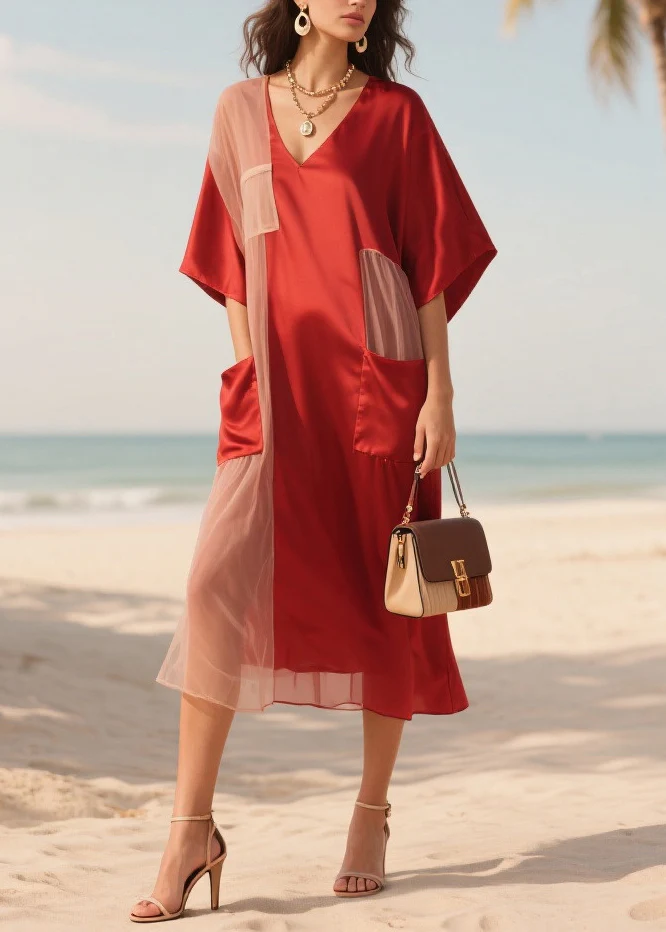 Red Patchwork Tulle Robe Dresses Asymmetrical Summer - Image 3