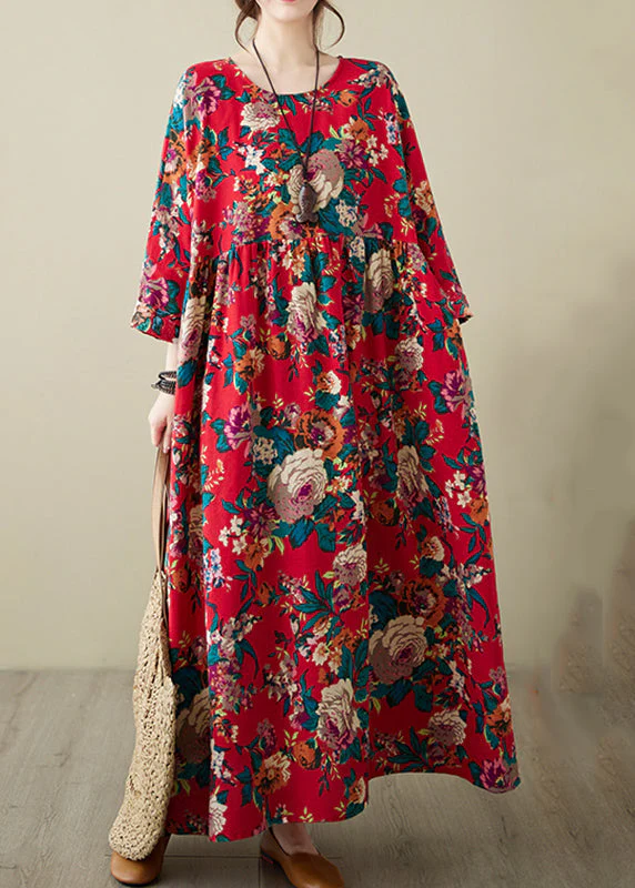 Red Patchwork Wrinkled Maxi Dress Long Sleeve - Image 3