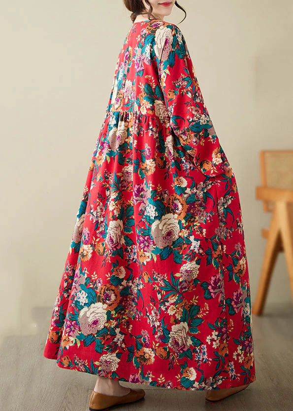 Red Patchwork Wrinkled Maxi Dress Long Sleeve - Image 4