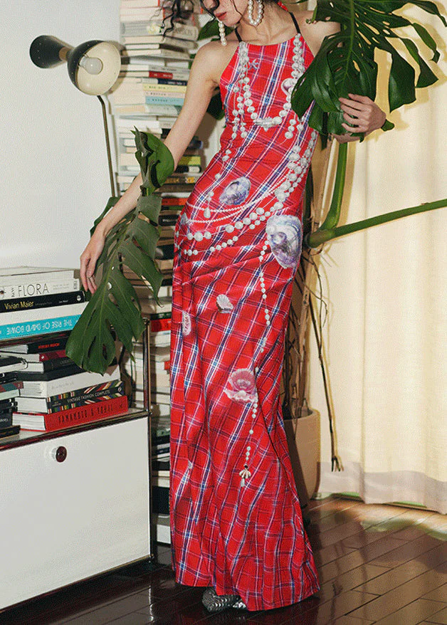 Red Pearl Print Silm Fit Holiday Dress Backless Summer - Image 2