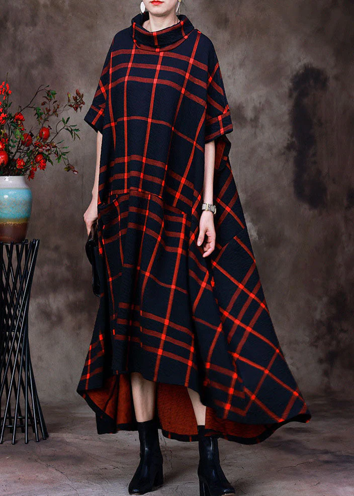 Red Plaid Cotton Long Dress Asymmetrical Design Pockets Short Sleeve - Image 2