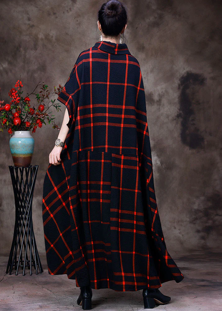 Red Plaid Cotton Long Dress Asymmetrical Design Pockets Short Sleeve - Image 3