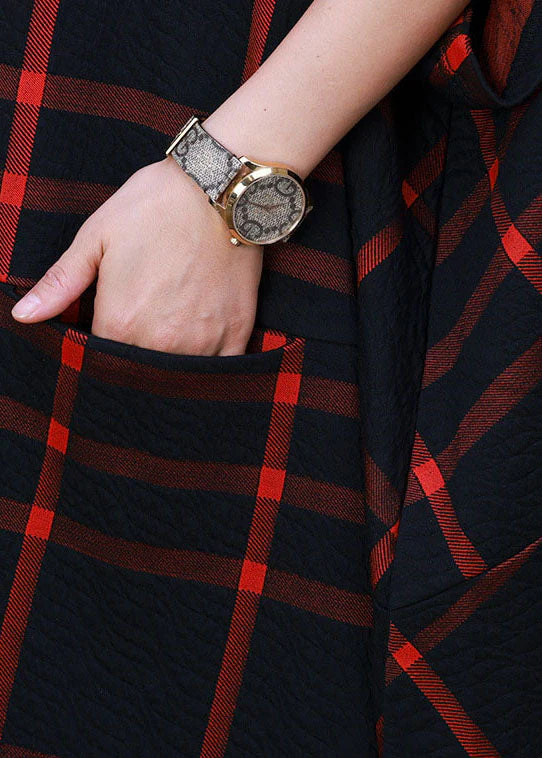 Red Plaid Cotton Long Dress Asymmetrical Design Pockets Short Sleeve - Image 4