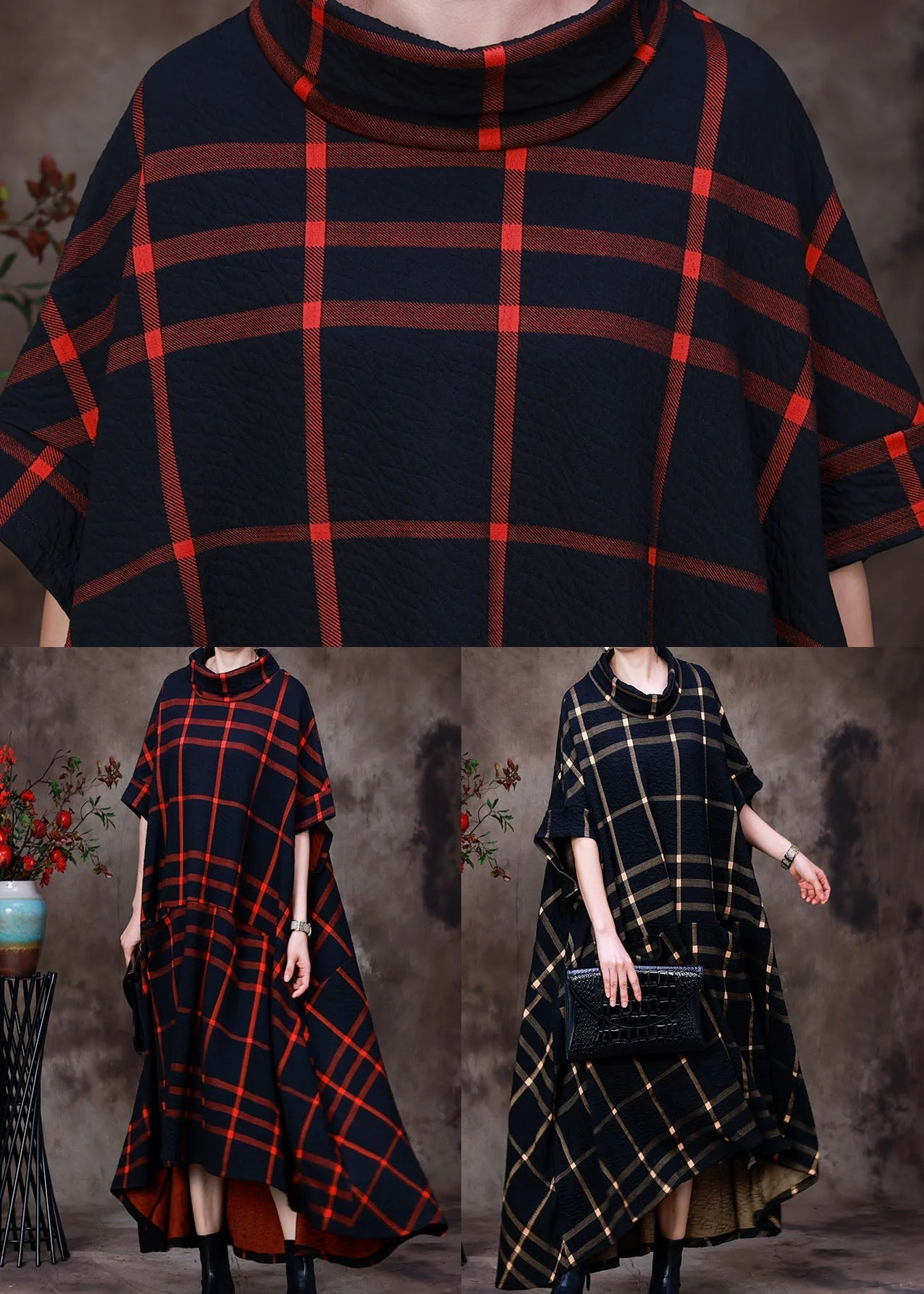 Red Plaid Cotton Long Dress Asymmetrical Design Pockets Short Sleeve - Image 5