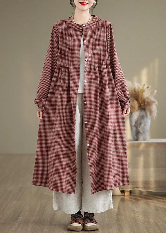 Red Plaid Cotton Shirts Dresses Stand Collar Button Spring - Image 2