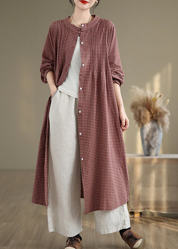 Red Plaid Cotton Shirts Dresses Stand Collar Button Spring - Image 3