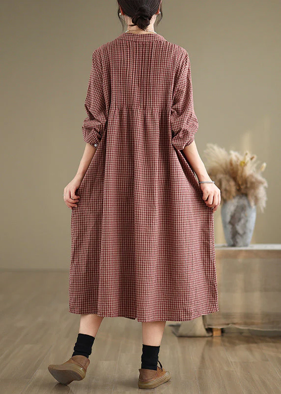 Red Plaid Cotton Shirts Dresses Stand Collar Button Spring - Image 4