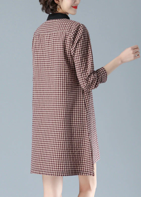 Red Plaid Peter Pan Collar Button Cotton Mid Dress Fall - Image 4