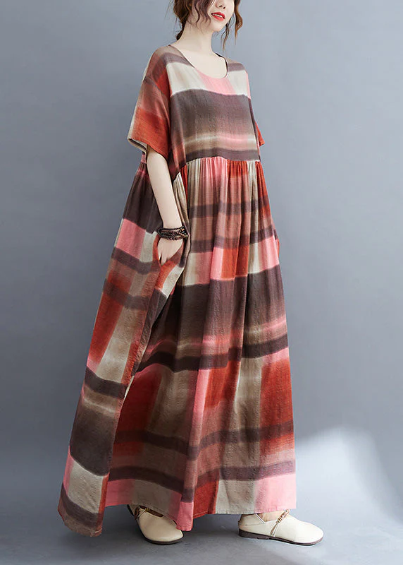 Red Plaid Wrinkled Long Dress Short Sleeve - Image 2