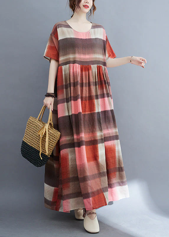 Red Plaid Wrinkled Long Dress Short Sleeve - Image 3