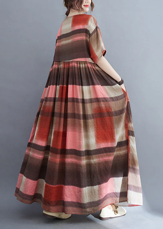 Red Plaid Wrinkled Long Dress Short Sleeve - Image 4