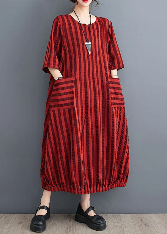 Red Pockets Patchwork Cotton Dresses O Neck Striped Summer - Image 2